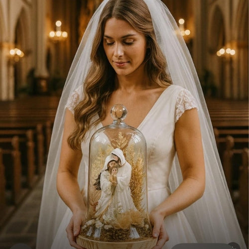 Our Lady in Glass Dome - Handcrafted Religious Decor with Pearls & Flowers