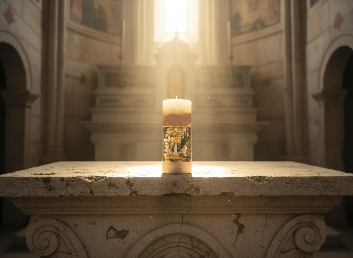 7 - Blessed Prayer Candle - Artisan Religious Sculpture with Dried Flowers