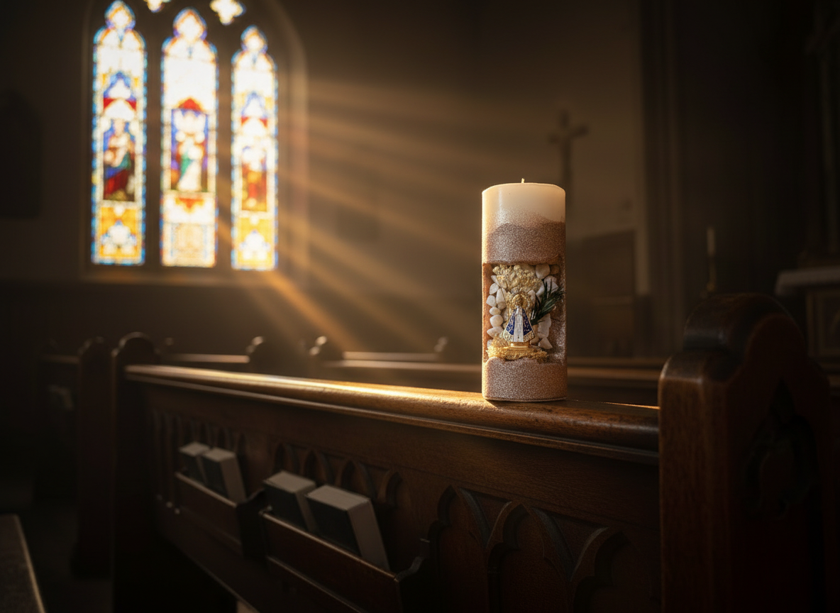 7 - Blessed Prayer Candle - Artisan Religious Sculpture with Dried Flowers