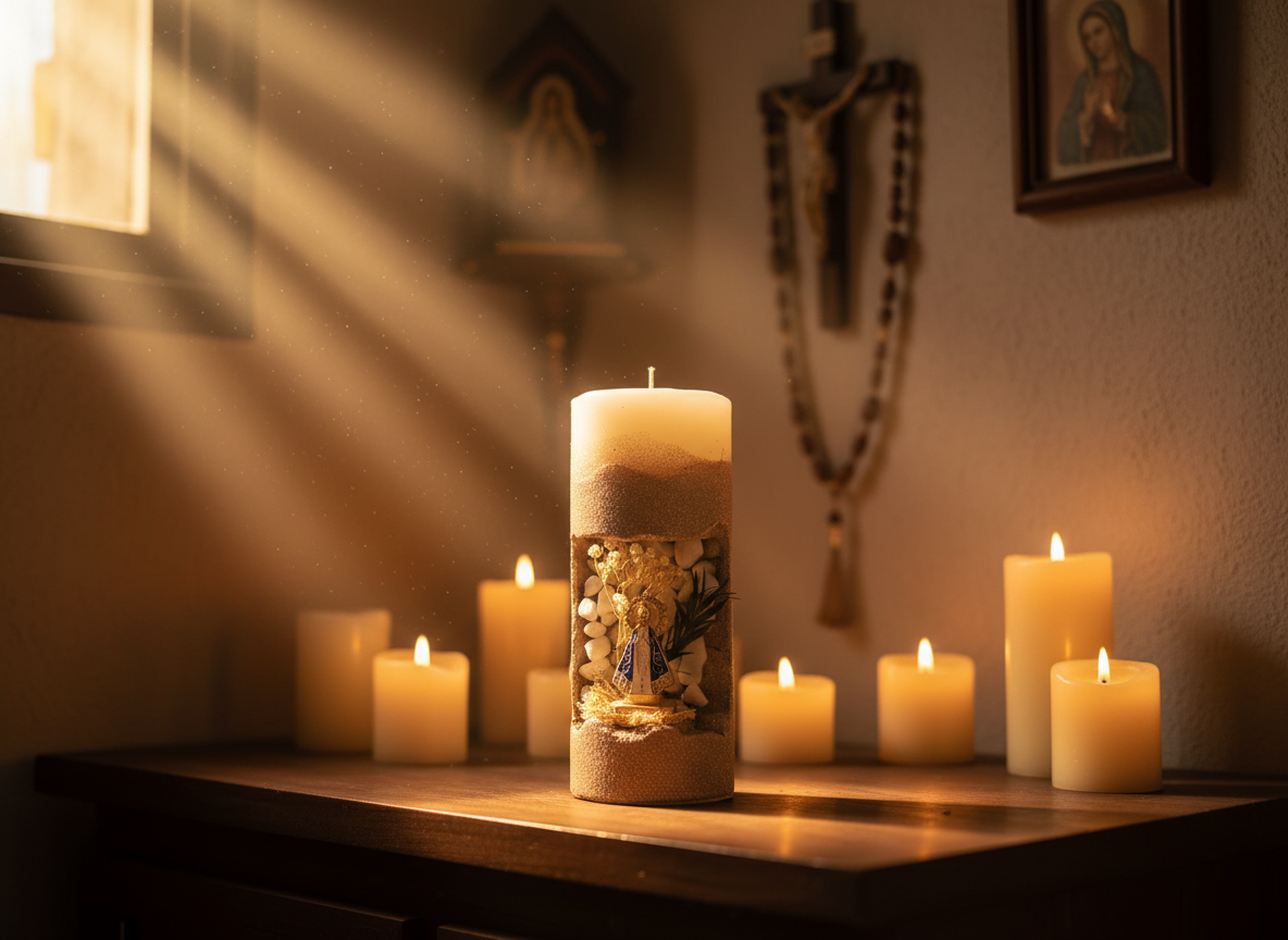 7 - Blessed Prayer Candle - Artisan Religious Sculpture with Dried Flowers
