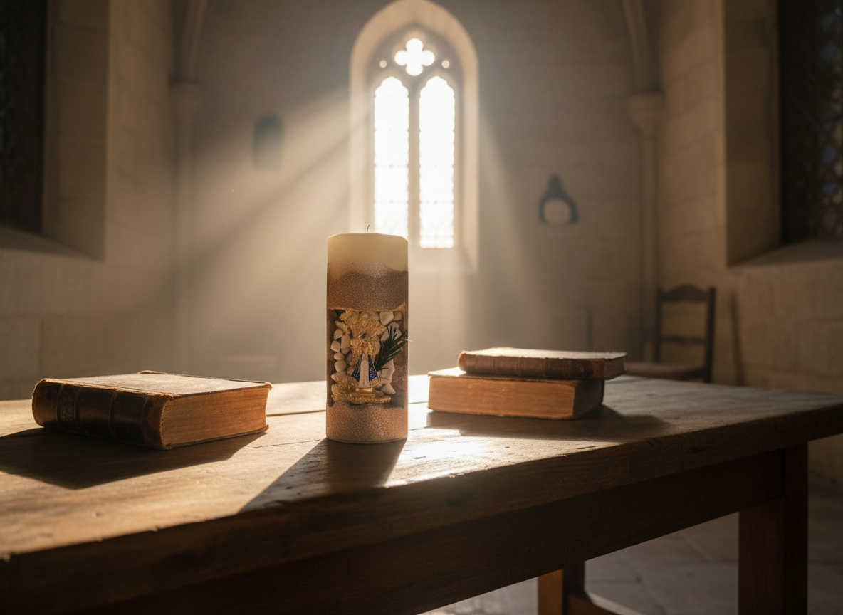 7 - Blessed Prayer Candle - Artisan Religious Sculpture with Dried Flowers