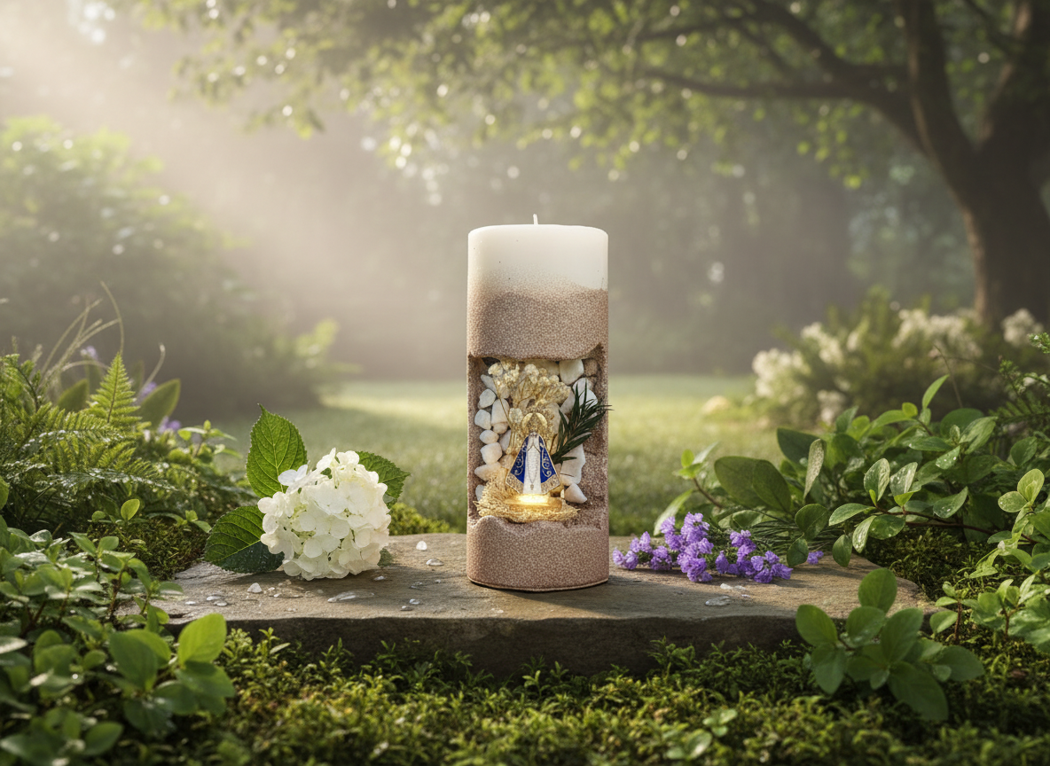 7 - Blessed Prayer Candle - Artisan Religious Sculpture with Dried Flowers