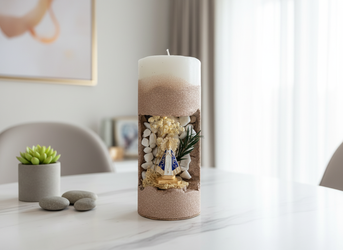 7 - Blessed Prayer Candle - Artisan Religious Sculpture with Dried Flowers