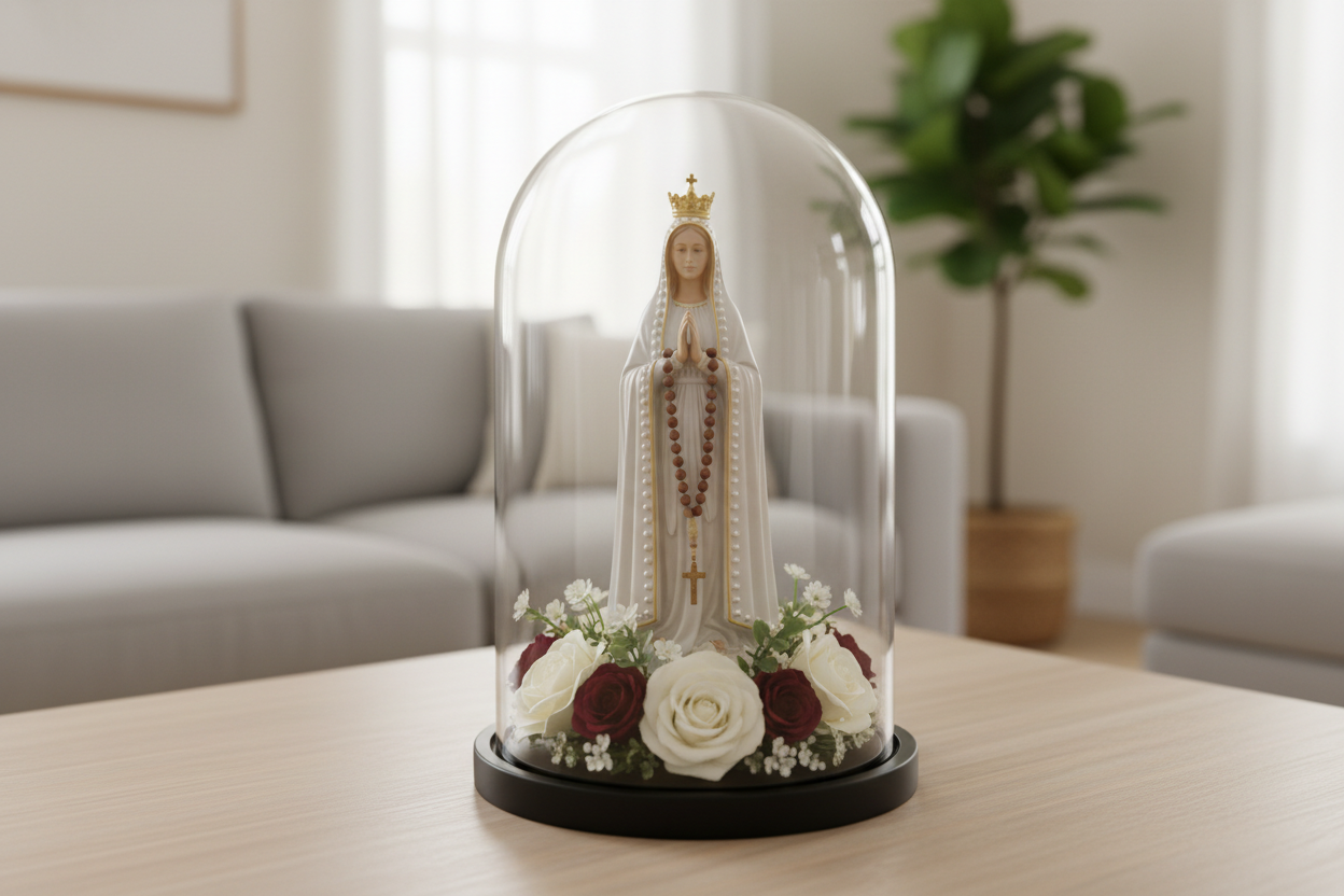 Our Lady in Glass Dome - Handcrafted Religious Decor with Pearls & Flowers