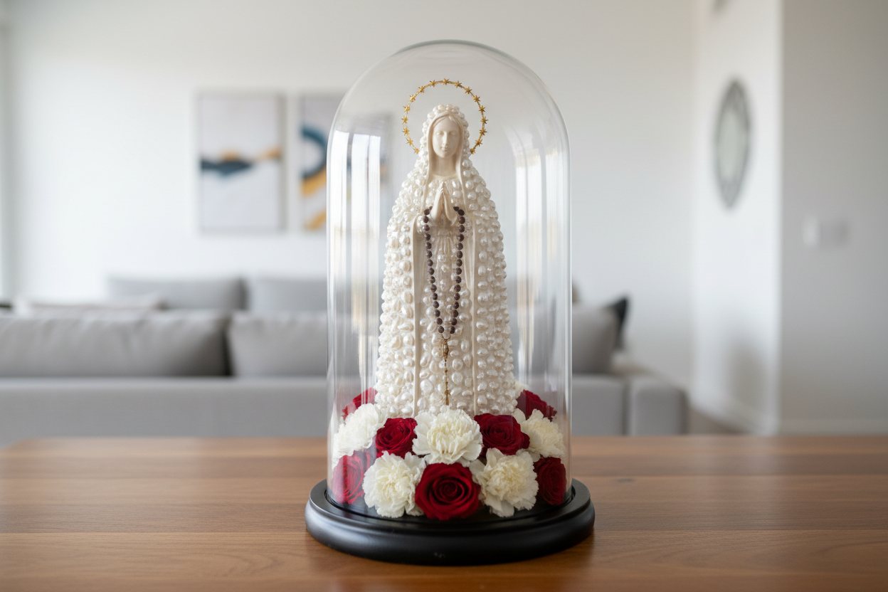 Our Lady in Glass Dome - Handcrafted Religious Decor with Pearls & Flowers