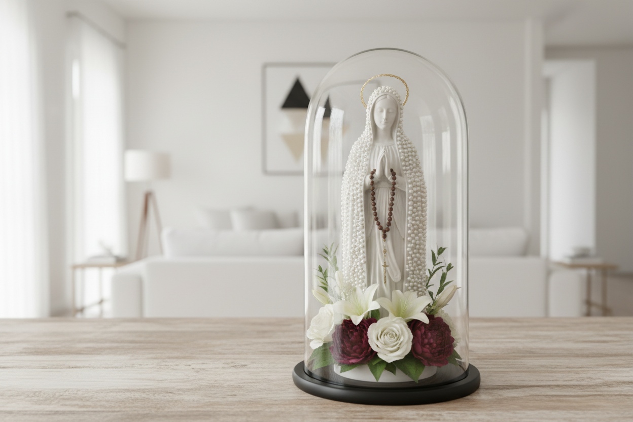 Our Lady in Glass Dome - Handcrafted Religious Decor with Pearls & Flowers