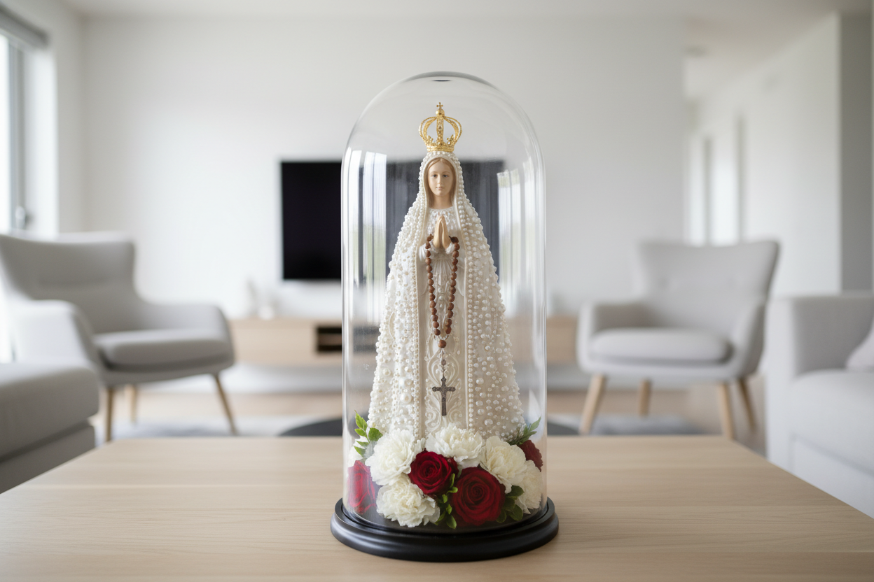 Our Lady in Glass Dome - Handcrafted Religious Decor with Pearls & Flowers