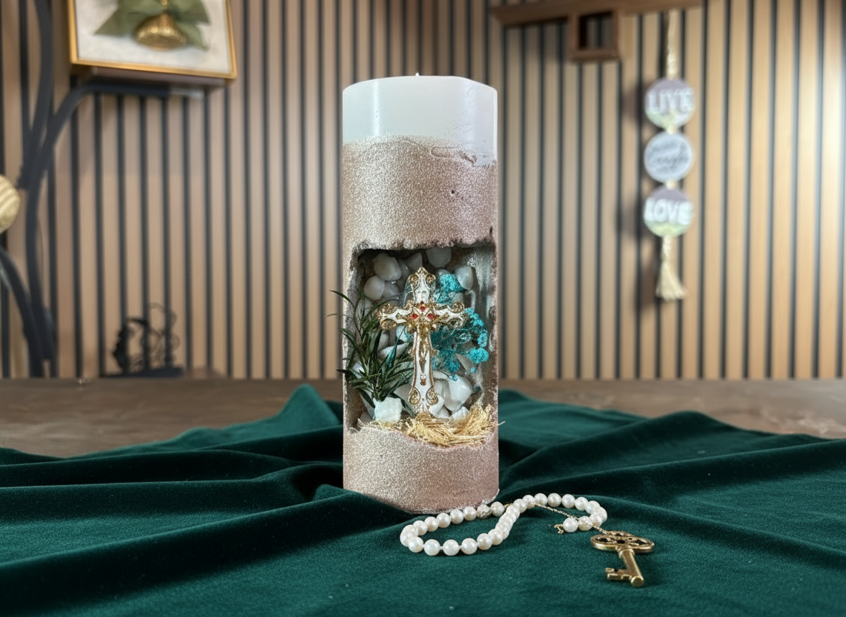 2 - Handmade Decorative Candle with Religious Scene – Natural Dried Flowers