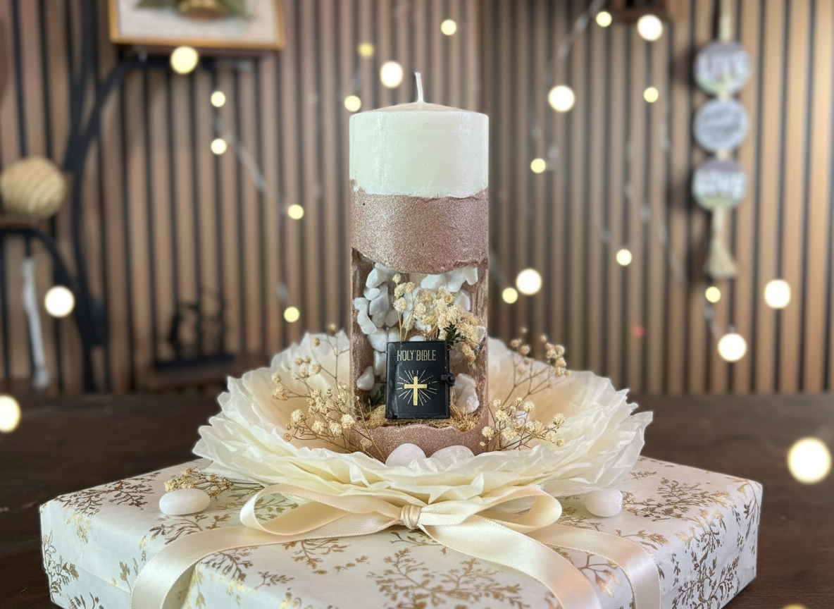 5 - Sacred Prayer Candle - Handcrafted Religious Art with Dried Flowers