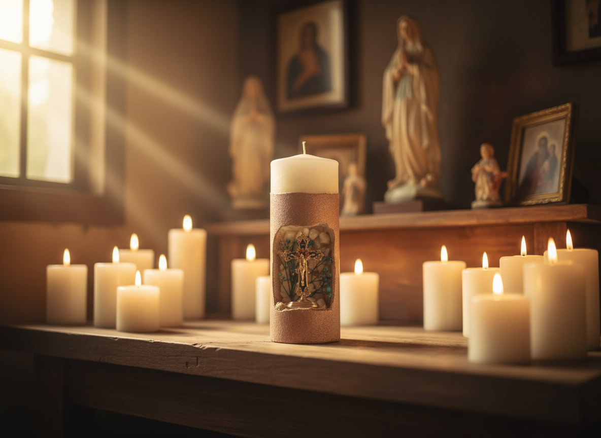 4 - Sacred Prayer Candle - Handcrafted Religious Art with Dried Flowers