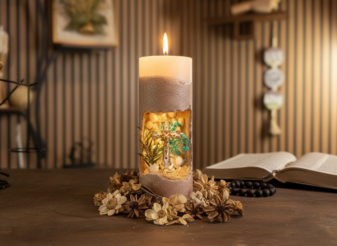 2 - Handmade Decorative Candle with Religious Scene – Natural Dried Flowers