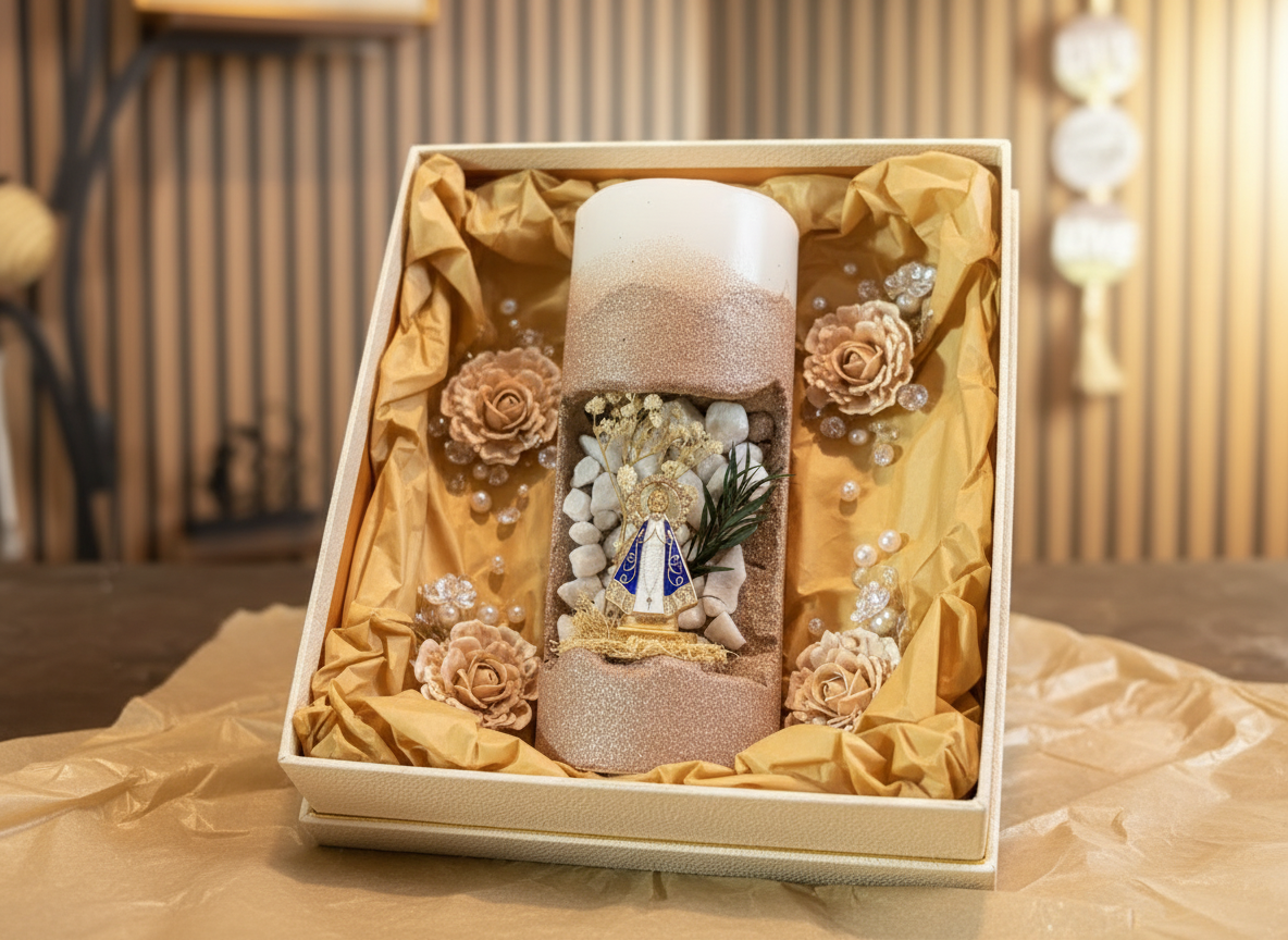 7 - Blessed Prayer Candle - Artisan Religious Sculpture with Dried Flowers