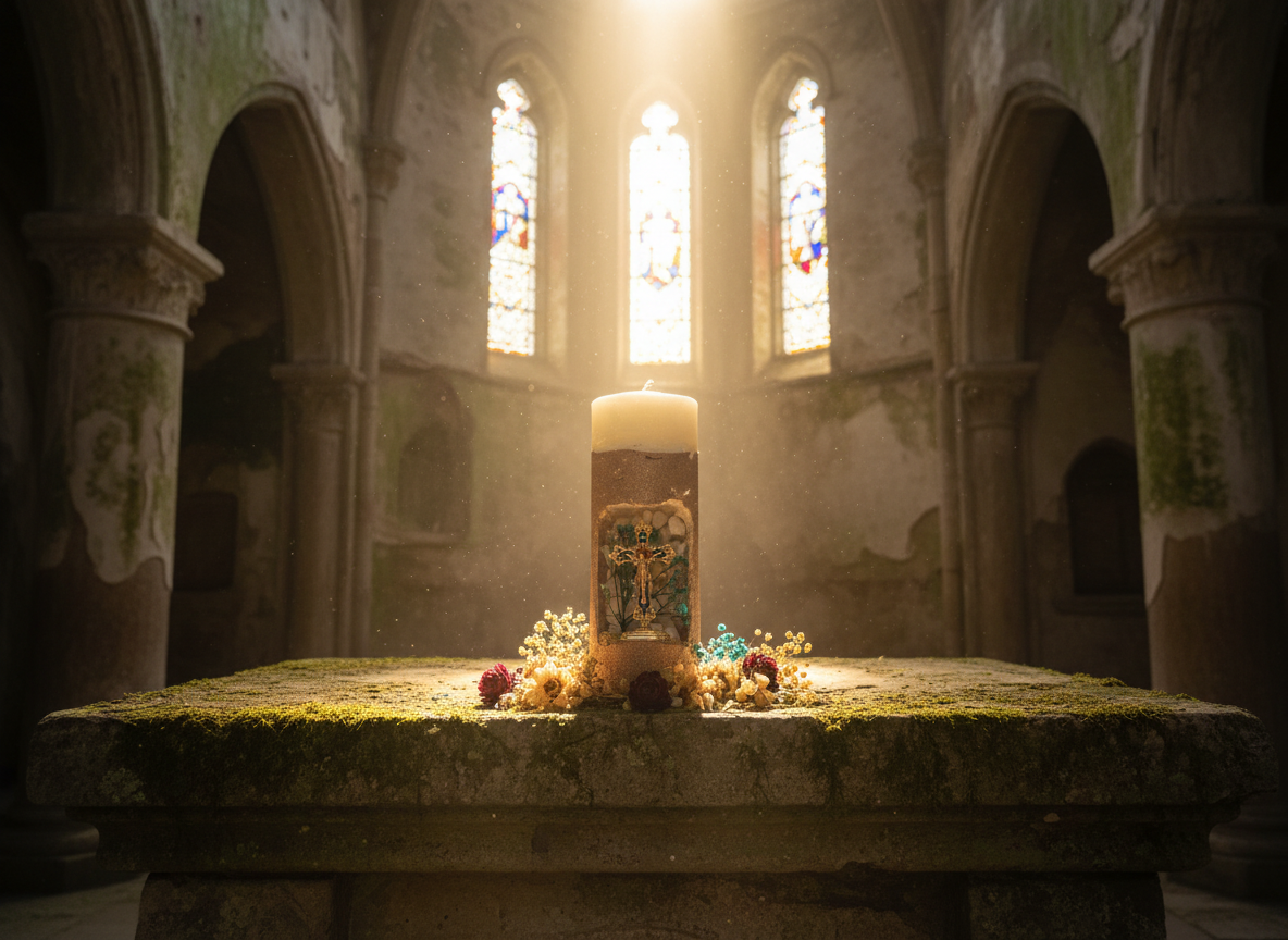 4 - Sacred Prayer Candle - Handcrafted Religious Art with Dried Flowers