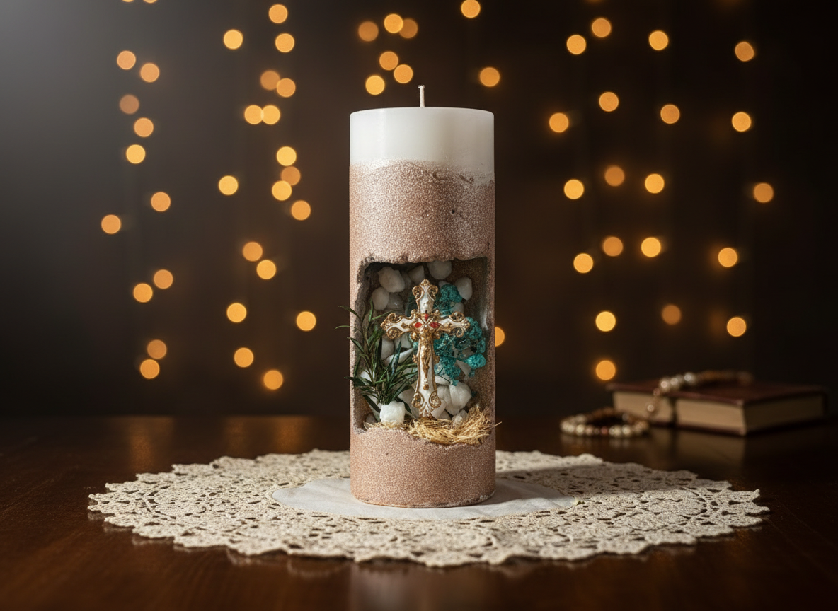 2 - Handmade Decorative Candle with Religious Scene – Natural Dried Flowers