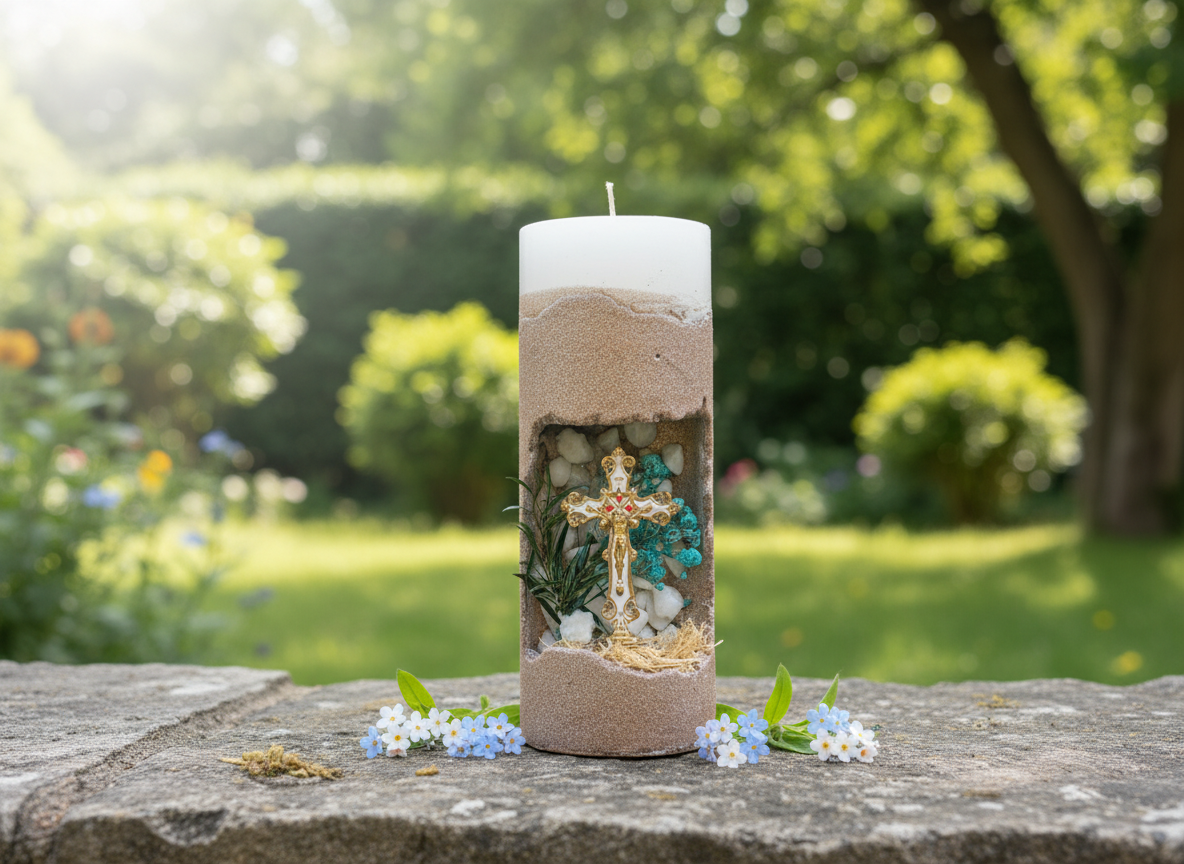 2 - Handmade Decorative Candle with Religious Scene – Natural Dried Flowers