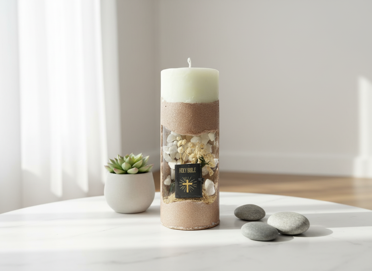 5 - Sacred Prayer Candle - Handcrafted Religious Art with Dried Flowers