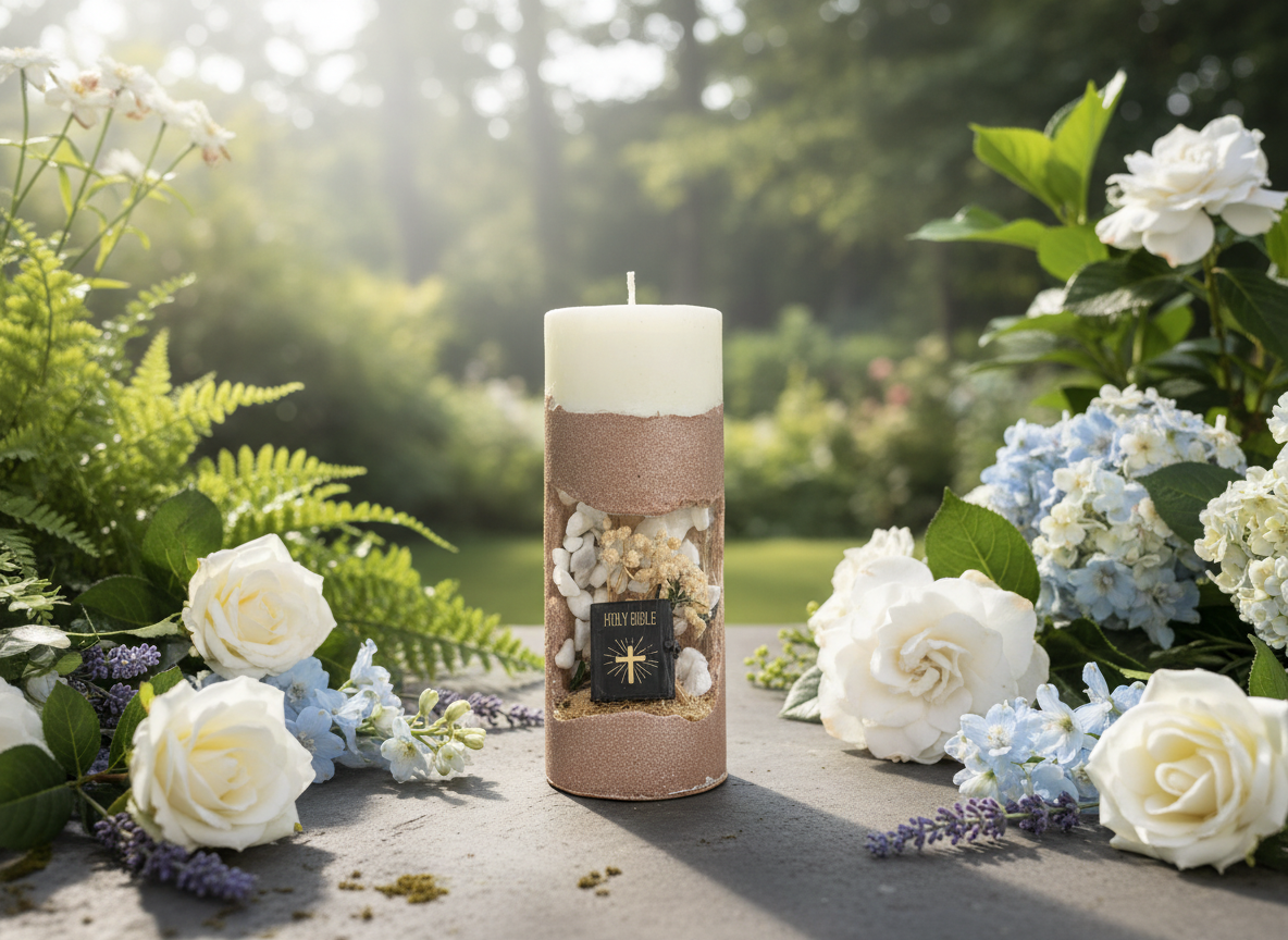 5 - Sacred Prayer Candle - Handcrafted Religious Art with Dried Flowers